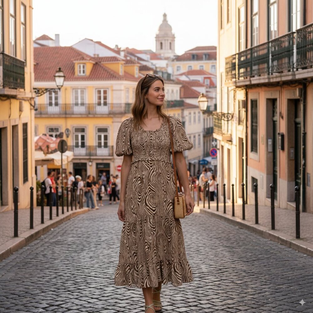 MOON RIVER Smocked Puff Sleeve Midi Dress
